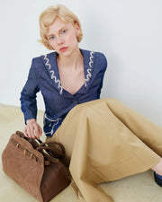 Veste courte droite a col vareuse en Denim brut