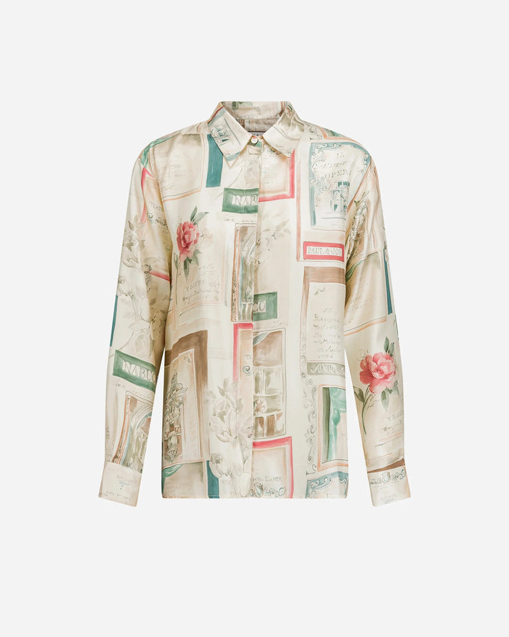 Chemise en twill de soie imprimée placée, invitation au théâtre