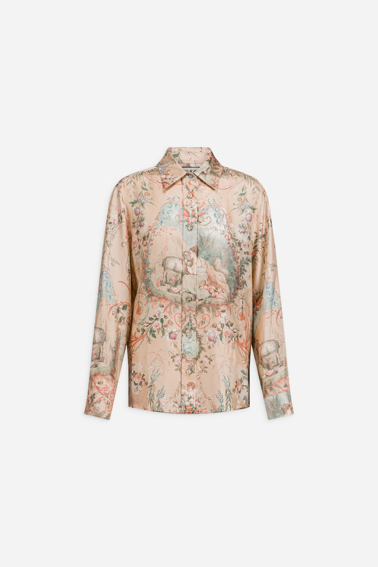 Chemise en twill de soie imprimée d'une scène bucolique