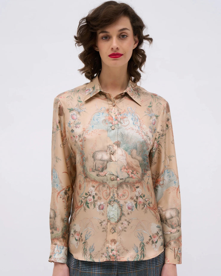 Chemise en twill de soie imprimée d'une scène bucolique