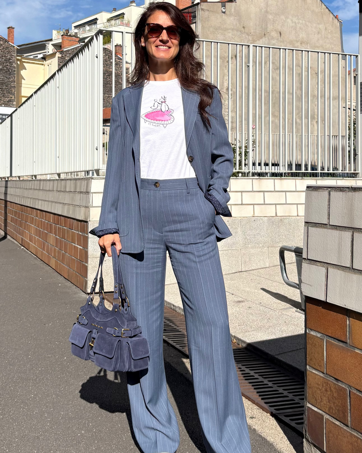 Veste Femme Bleu Ardoise à Rayures Fines Non Doublée à Deux Boutons