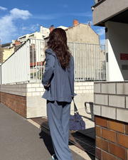 Veste Femme Bleu Ardoise à Rayures Fines Non Doublée à Deux Boutons