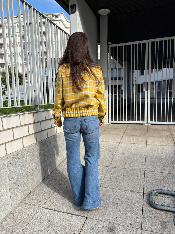 Blouson court en laine vierge à carreaux raccordés