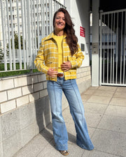 Blouson court en laine vierge à carreaux raccordés