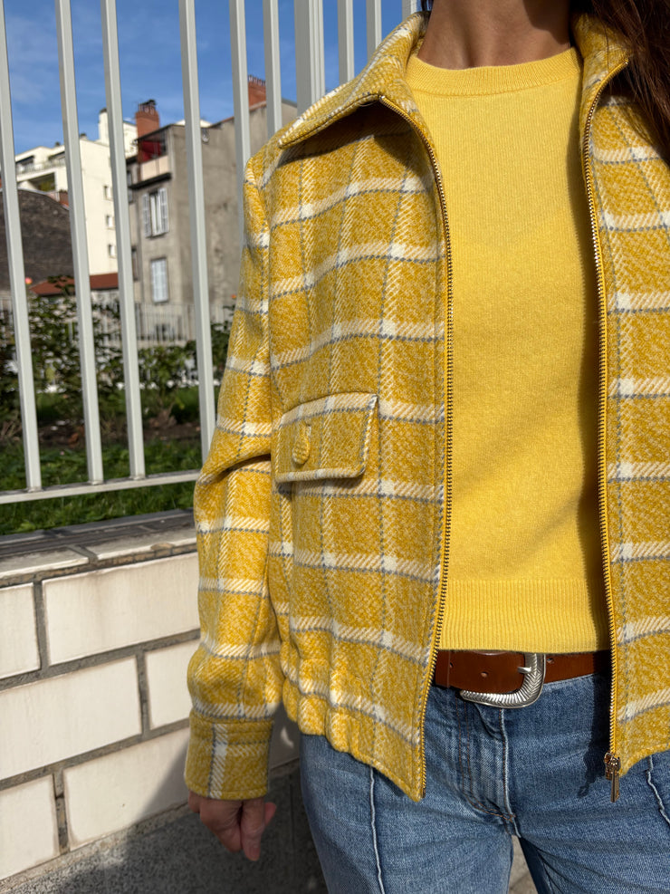Blouson court en laine vierge à carreaux raccordés