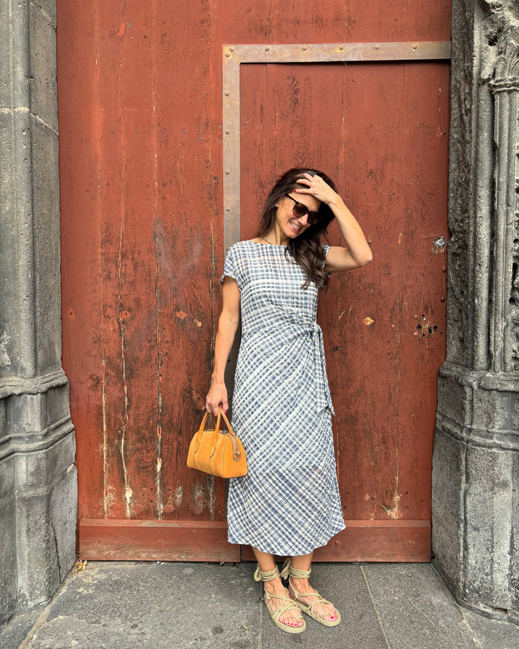 Robe à Nœud Femme Bleu Marine et Ivoire Vichy