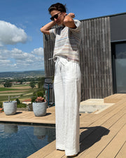 Pantalon Large Femme Blanc avec Cordon de Serrage en Lin