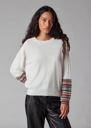 Pull Femme Crème avec Poignets 'Signature Stripe' en Laine Mérinos