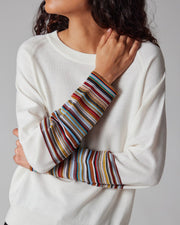 Pull Femme Crème avec Poignets 'Signature Stripe' en Laine Mérinos