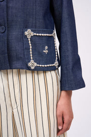 Veste courte droite a col vareuse en Denim brut