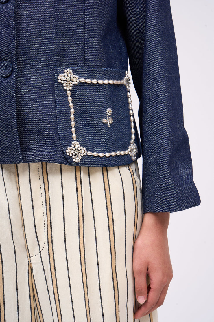 Veste courte droite a col vareuse en Denim brut