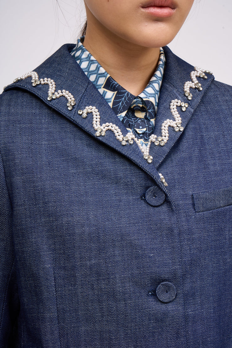 Veste courte droite a col vareuse en Denim brut
