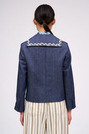 Veste courte droite a col vareuse en Denim brut