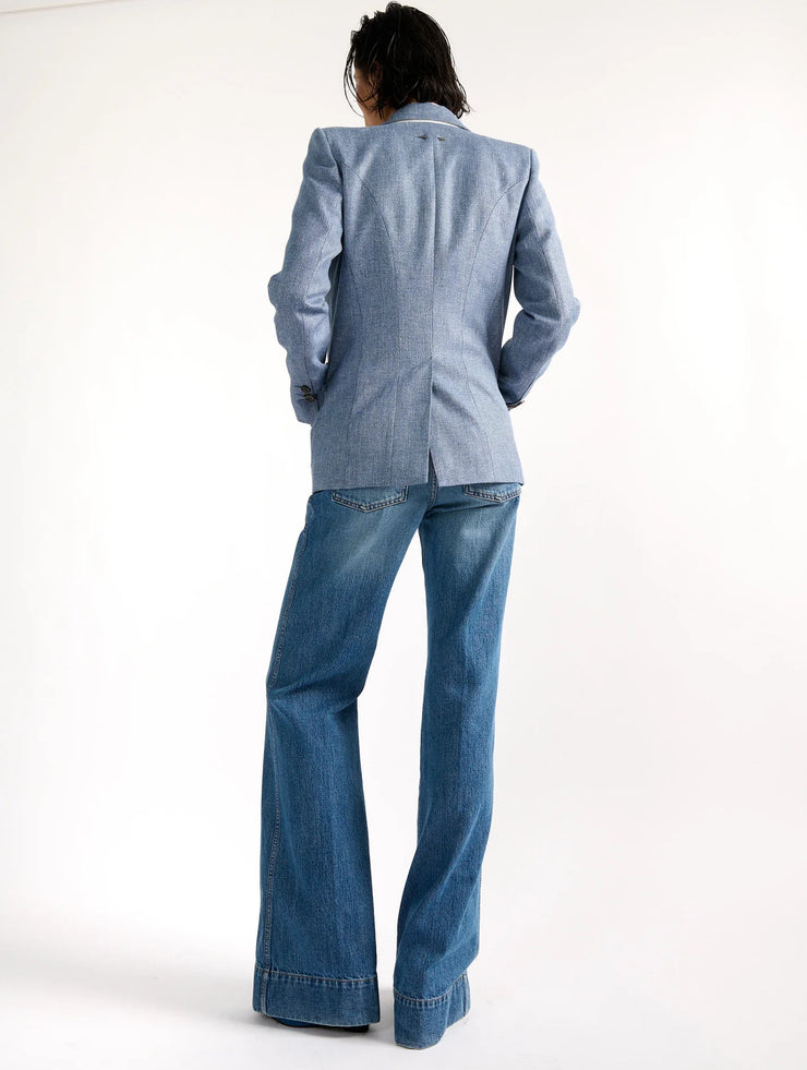 Veste cintrée en toile lin et coton bleu
