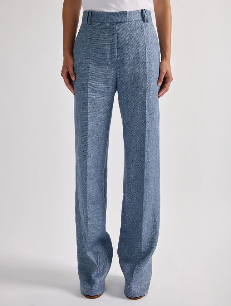 Pantalon droit en toile de lin et coton bleu