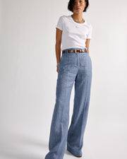 Pantalon droit en toile de lin et coton bleu