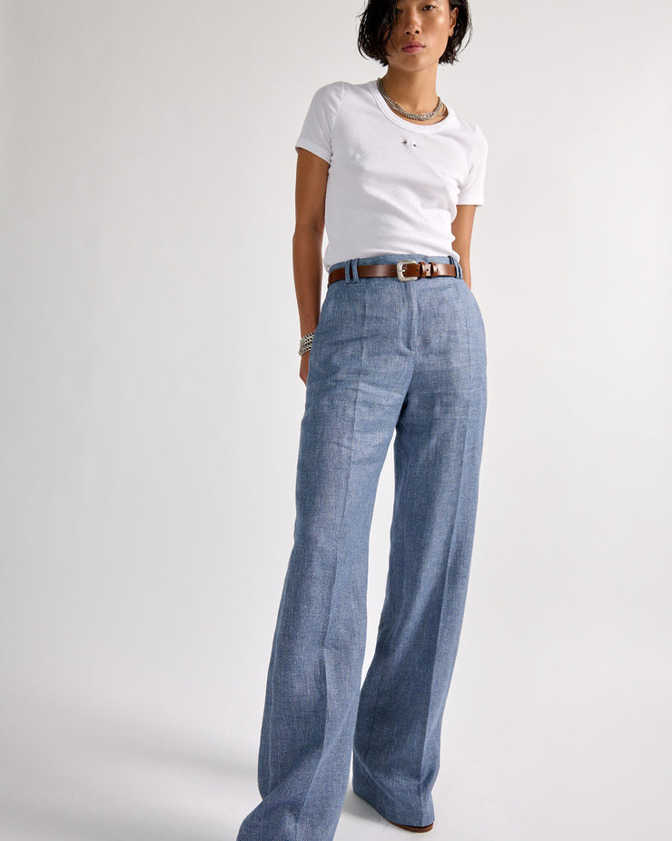 Pantalon droit en toile de lin et coton bleu