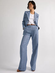Pantalon droit en toile de lin et coton bleu