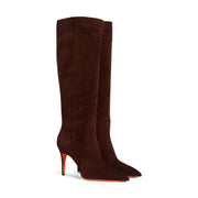 Botte à talon haut en daim brun foncé pour femme