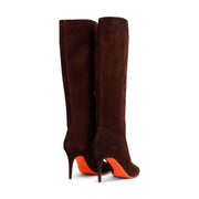 Botte à talon haut en daim brun foncé pour femme
