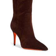 Botte à talon haut en daim brun foncé pour femme