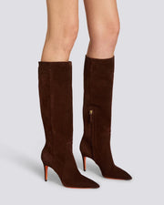 Botte à talon haut en daim brun foncé pour femme