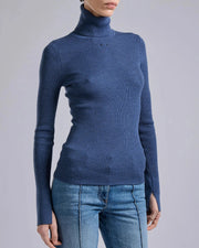 Pull à col roulé en maille mérinos bleu
