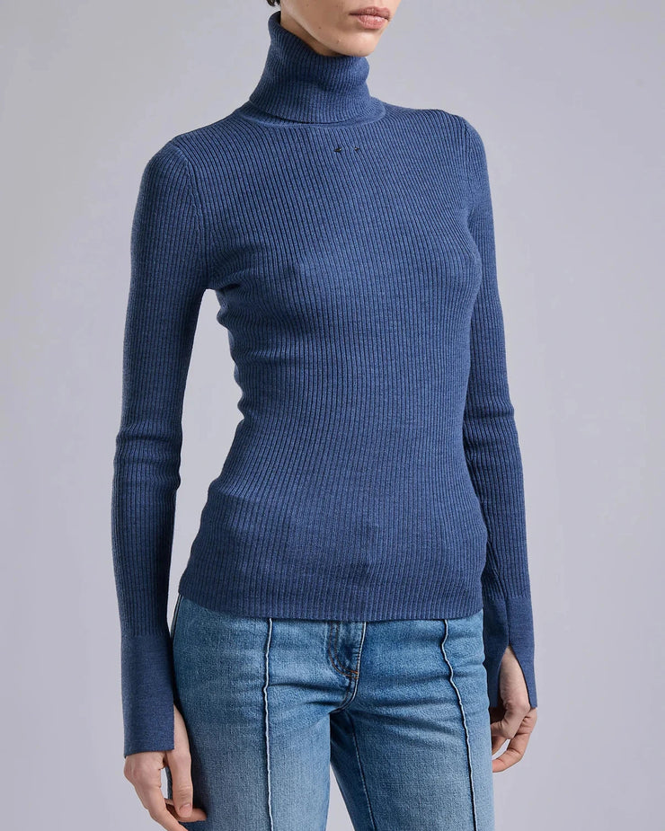 Pull à col roulé en maille mérinos bleu