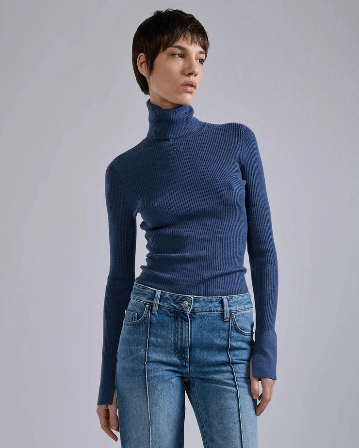 Pull à col roulé en maille mérinos bleu