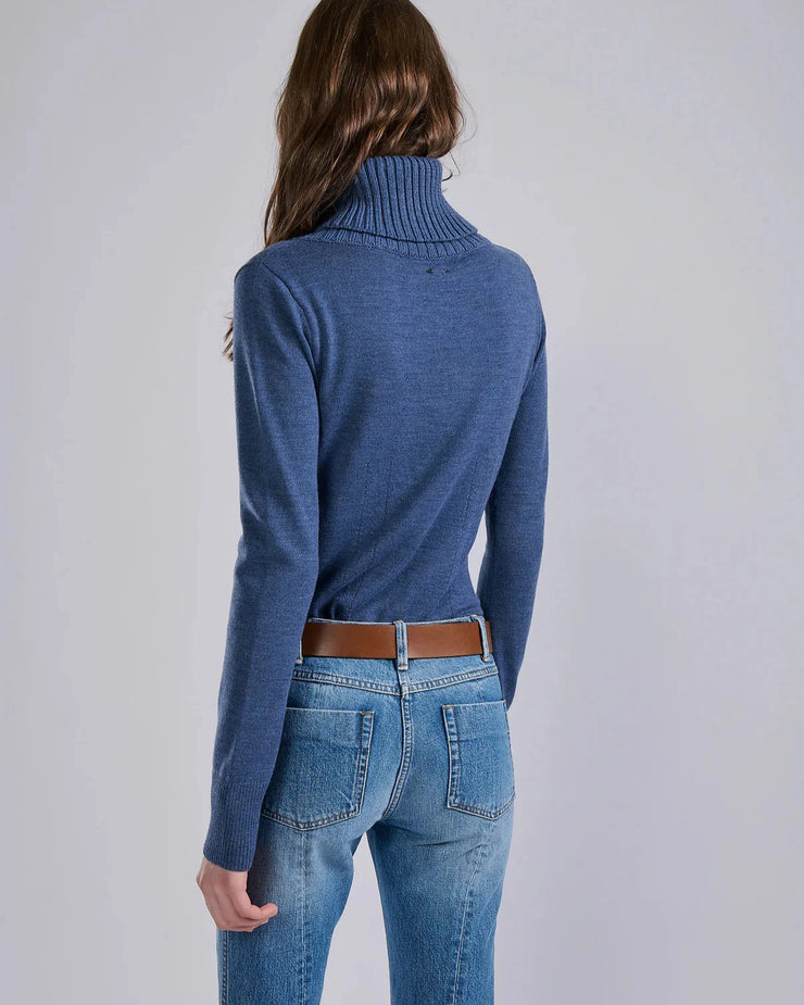 Pull à col boutonné en maille mérinos bleu