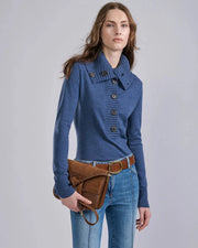 Pull à col boutonné en maille mérinos bleu