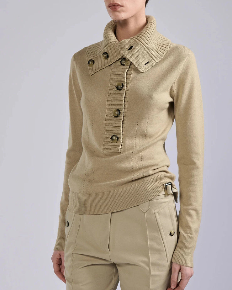 Pull à col boutonné en maille mérinos sable