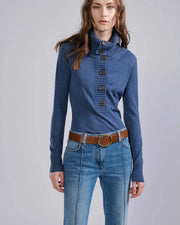 Pull à col boutonné en maille mérinos bleu