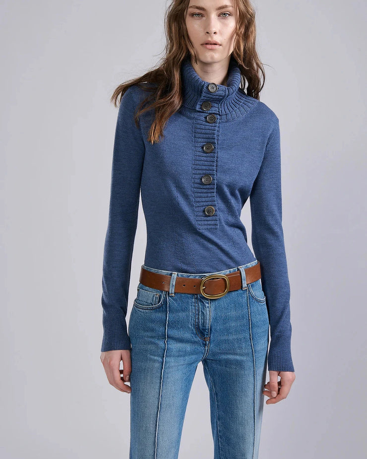 Pull à col boutonné en maille mérinos bleu