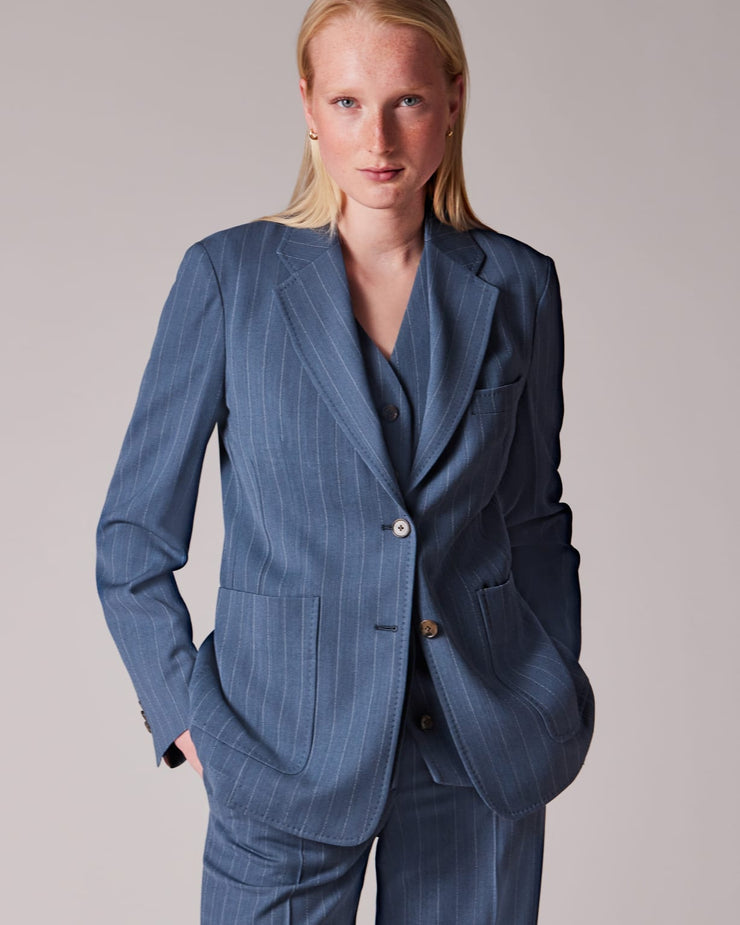 Veste Femme Bleu Ardoise à Rayures Fines Non Doublée à Deux Boutons
