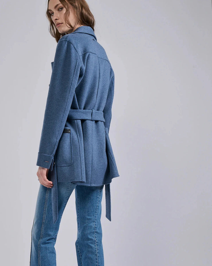 Veste ceinturée en double face laine cachemire bleu