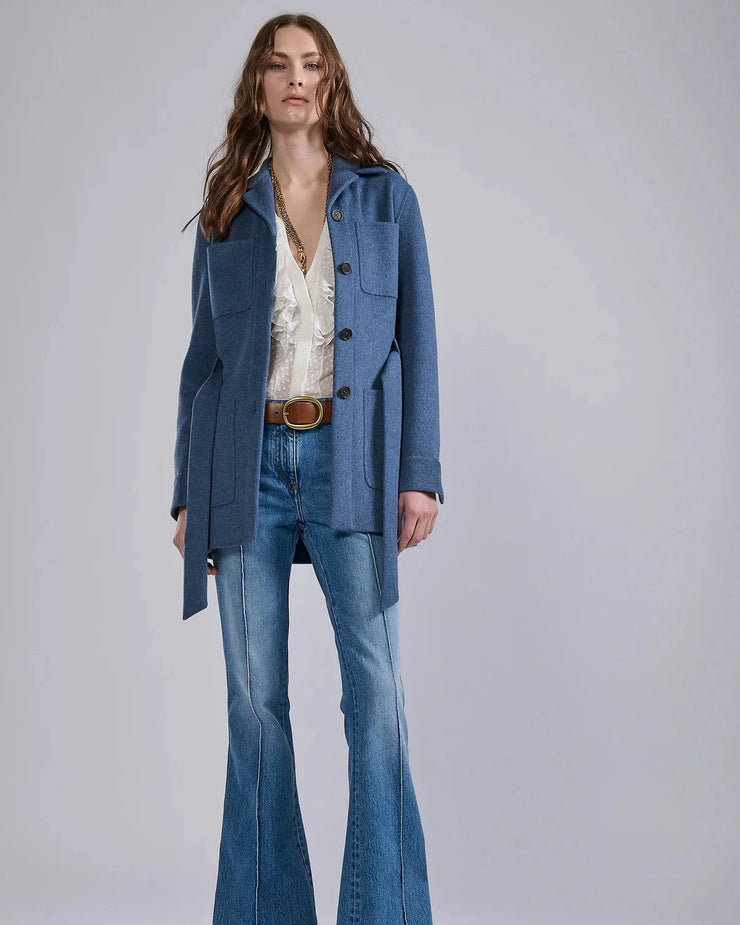 Veste ceinturée en double face laine cachemire bleu
