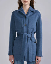 Veste ceinturée en double face laine cachemire bleu